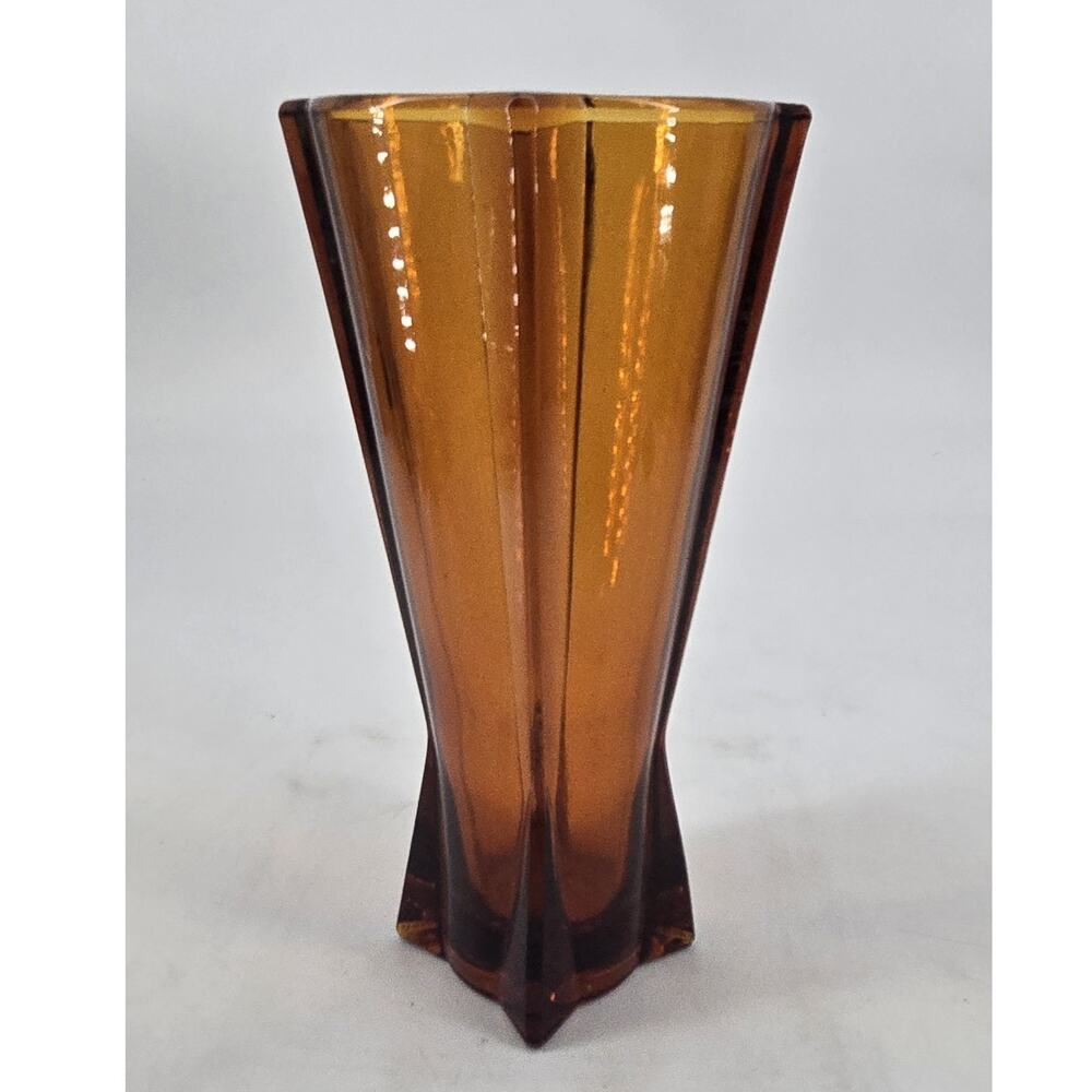 Mid Century Amber Mod Art Deco Rocket Anchor Hocking Glass Brown Geometric Vase